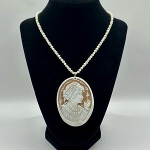 Authentic M + M Scognamiglio Hand-Carved Shell Cameo Necklace, Sterling & Pearls